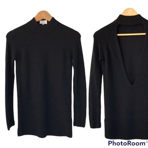 Wilfred 100% Wool Sweater | Black Cut Out Back Mock Neck Long Sleeve Sweater